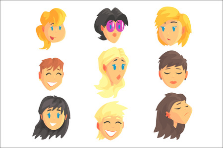 Cartoon avatar female faces with different emotions. Set of women from different nations and professions, colorful Illustrations isolated on white backgroundのイラスト素材