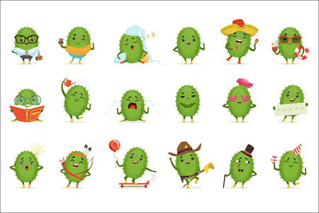 Cute cactus cartoon characters set, cacti activities with different emotions and poses, colorful detailed vector Illustrations isolated on white backgroundのイラスト素材