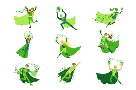 ECO superhero characters in action set, young men and women in green capes vector Illustrationsのイラスト素材