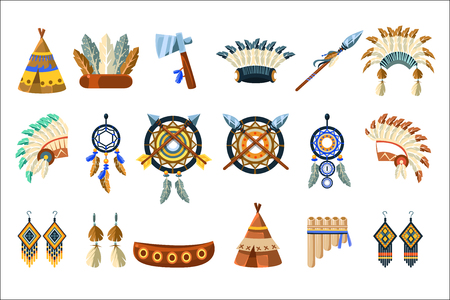 North American Indians Culture Set Of Simple Flat Realistic Vector Illustrationsのイラスト素材