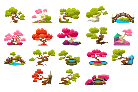 Japanese Style Trees Set Of Isolated Bright Color Simplified Traditional Style Vector Images On Dark Background