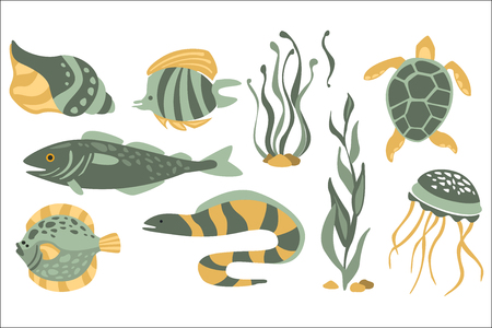 Stylized Underwater Nature Collection Of Icons In Flat Atristic Vector Design On White Background.のイラスト素材