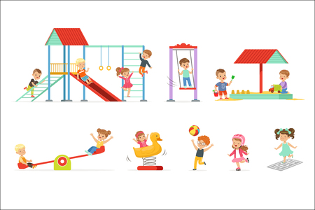 Cute cartoon little kids playing and having fun at the playground set, children playing outdoors vector Illustrations isolated on white backgroundのイラスト素材