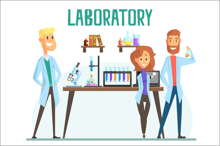Smiling scientists man and woman working in a lab, interior of science laboratory, carton vector Illustrationのイラスト素材