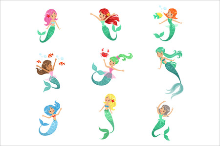 Beautiful fairy tale mermaid princess with colorful hair and taill set of vector Illustrations on a white backgroundのイラスト素材