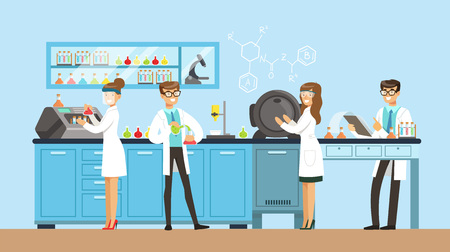 Scientists man and woman working in a lab, interior of science laboratory, vector Illustration in flat designのイラスト素材