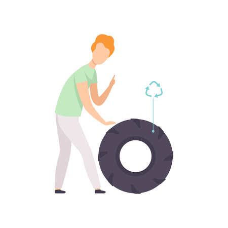 Young man with used rubber tire, people gathering, sorting garbage for recycling vector Illustration isolated on a white background.のイラスト素材