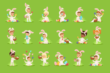 Happy Easter set with cute children in bunny costumes with colored eggs in basket. Baby cartoon flat character. Design elements for greeting cards, posters, invitations, kid projects, t-shirts. Vectorのイラスト素材