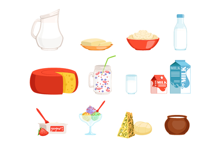 Dairy products set, milk, butter, cheese, yogurt, sour cream, ice cream vector Illustrations isolated on a white backgroundのイラスト素材
