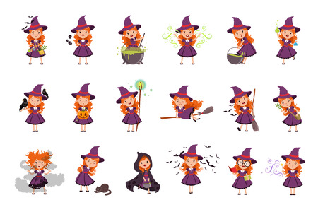 Little kid witch set wearing purple dress and hat. Girl reads, conjures, brews a potion, collects herbs ingredients, scolds cat. Halloween collection with broom, bats, magic wand and magic pot. Vectorのイラスト素材