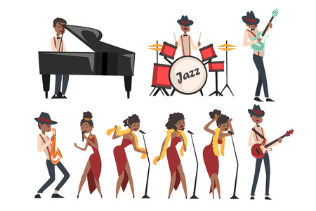 Jazz artists characters set isolated on white. Black man playing drums, grand piano, electric guitar, and saxophone. Woman singer in different poses. Musical band concept. Cartoon flat design vector.のイラスト素材