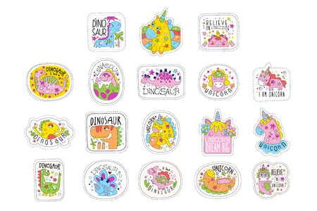 Lovely unicorn patches set, trendy colorful unicorn stickers in different actions vector Illustrations isolated on a white background.のイラスト素材