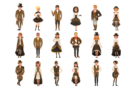 People dressed in historic clothes, man and woman wearing brown fantasy costume set vector Illustrations isolated on a white background.のイラスト素材