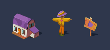 Small farm house and scarecrow, mobile game user interface GUI element for video computer games vector Illustration, web designのイラスト素材