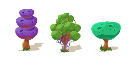 Colorful fantasy trees, fantastic plants, nature landscape elements for mobile or computer games vector Illustrationのイラスト素材
