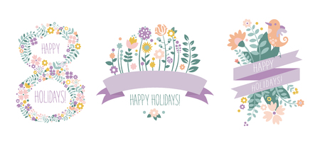 Happy Holidays lettering, 8 March floral design elements for party poster, greeting card, banner, invitation vector Illustration isolated on a white background.のイラスト素材