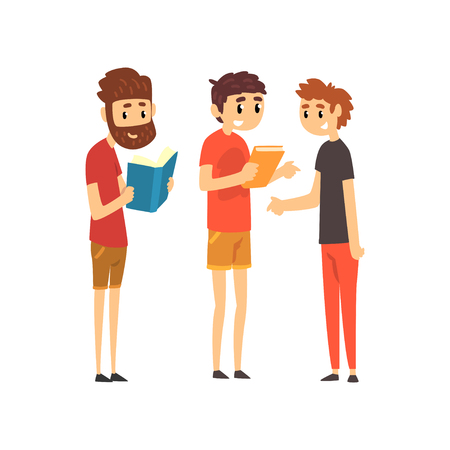 Men standing with books, people choosing books in bookstore vector Illustration isolated on a white background.のイラスト素材