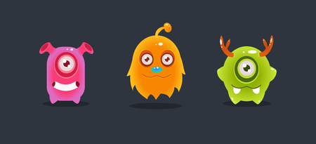 Cute funny colorful monsters, funny aliens, game user interface element for video computer games vector Illustration, web designのイラスト素材