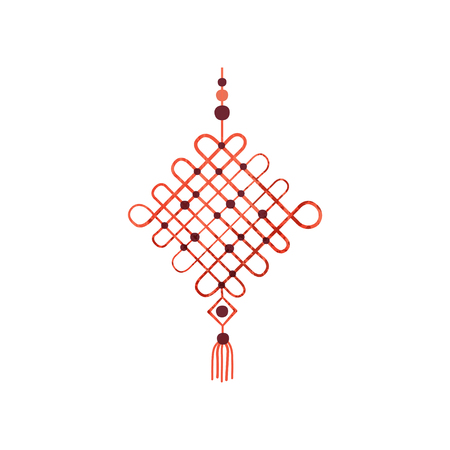 Macrame made of cotton cord and beads. Wall hanging decor. Decorative article for home. Art product. Hobby theme. Colorful icon with texture. Flat vector illustration isolated on white background.のイラスト素材