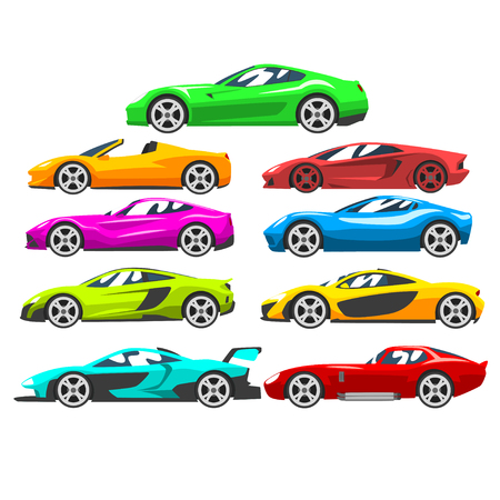 Collection of sports racing cars, colorful supercar, side view vector Illustration isolated on a white background.のイラスト素材