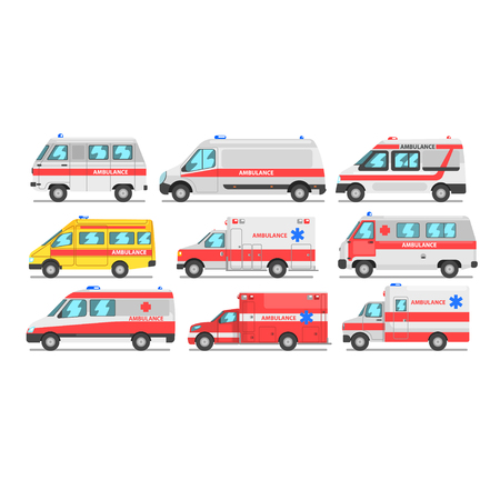 Collection of ambulance service cars, emergency medical van vector Illustration isolated on a white background.のイラスト素材