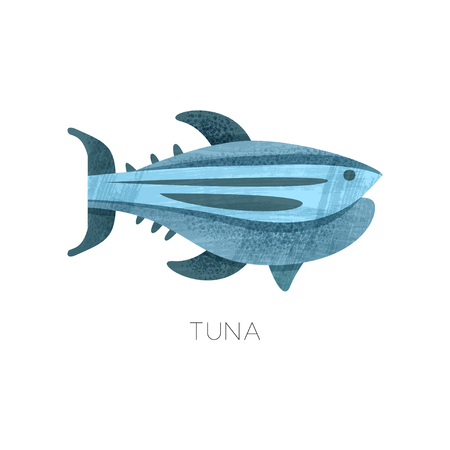 Icon of blue tuna fish. Marine creature. Sea animal. Colorful graphic element for product packaging, advertising poster or flyer. Flat vector illustration with texture isolated on white background.のイラスト素材