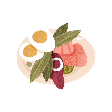 Appetizing salad from fresh vegetables, boiled egg and ham. Food theme. Colorful graphic element for recipe book, cafe or restaurant menu. Flat vector icon with texture isolated on white background.のイラスト素材