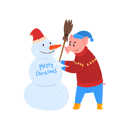 Cute pig character making snowman, piggy character dressed in warm bright clothes, Chinese symbol of New Year, design element for Christmas card, calendar, invitation vector Illustration isolated on a white background.のイラスト素材