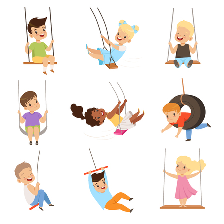 Cute little kids swinging on rope swings, boys and girls having fun outdoor vector Illustration isolated on a white background.