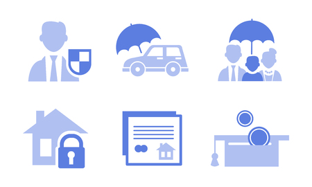 Collection of 6 monochrome icons related to insurance service theme. Protection of family, home, car and money. Graphic elements for website or advertising flyer. Isolated flat vector illustrations.のイラスト素材
