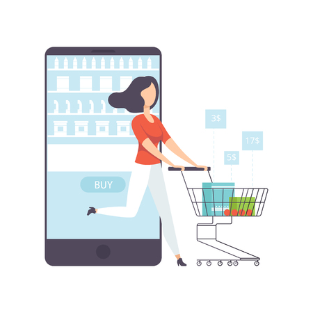 Young woman bying products from an online store using a smartphone, internet shopping and delivery concept vector Illustration on a white backgroundのイラスト素材