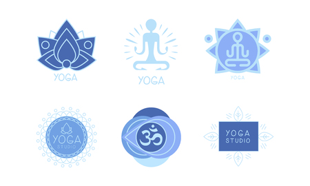 Vector set of 6 monochrome for yoga studio or meditation center. Harmony and relaxation themeのイラスト素材
