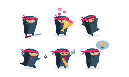 Collection of cute ninja in different actions. Funny cartoon character. Emoji for social network, t-shirt print or postcard. Colorful vector illustrations in flat style isolated on white background.のイラスト素材