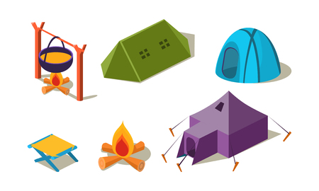 Set of isometric camping equipment. Different tents, chair and cauldron of soup over campfire. Active recreation theme. Modern 3D icons. Colorful flat vector illustrations isolated on white backgroundのイラスト素材