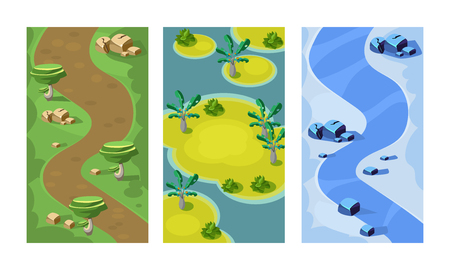 Collection of 3 vertical backgrounds for online mobile game. Colorful seamless scenes with forest path, sandy islands and river. Gaming interface. Cartoon style illustrations. Flat vector design.のイラスト素材