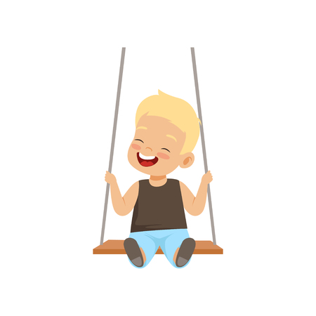 Happy smiling boy swinging on a rope swing, little kid having fun on a swing vector Illustration isolated on a white background.のイラスト素材