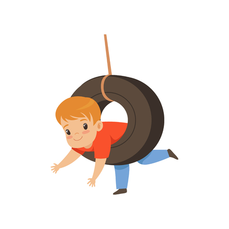 Cute boy riding swing made from tire, little kid having fun on a swing outdoor vector Illustration isolated on a white background.のイラスト素材