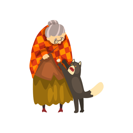 Cute granny playing with her black cat, lonely old lady and her animal pet vector Illustration isolated on a white background.のイラスト素材