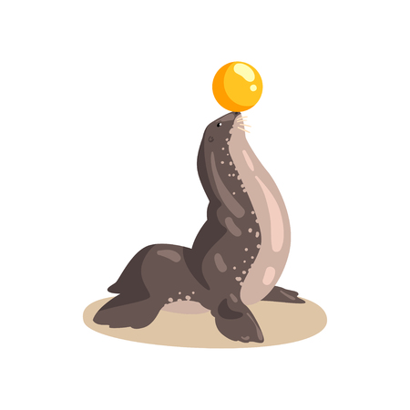 Fur seal animal performing with ball in dolphinarium vector Illustration on a white backgroundのイラスト素材