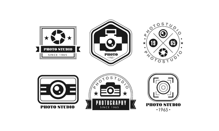 Photo studio  set, photography black retro badge vector Illustration on a white backgroundのイラスト素材
