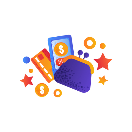 Shopping symbols, retro money purse, smartphone and credic card, internet shopping, e-commerce concept vector Illustration isolated on a white background.のイラスト素材