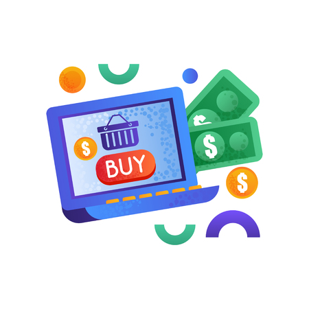 Online shopping symbols, money and laptop computer, e-commerce concept vector Illustration on a white backgroundのイラスト素材
