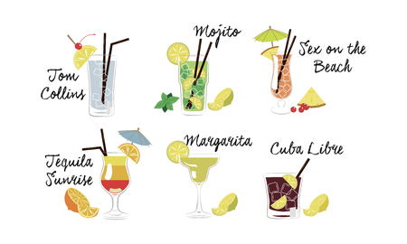 Alcoholic cocktails set, Tom Collins, Mojito, Sex on the beach, Tequila sunrise, Margarita, Cuba libre vector Illustration on a white backgroundのイラスト素材