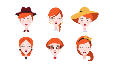 Head of beautiful redhead girl with closed eyes set, different types of female hairstyles and headdresses vector Illustration isolated on a white background.のイラスト素材