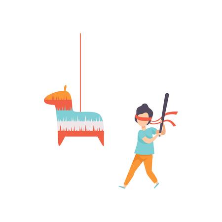 Cute boy breaking Pinata with baseball bat, kid celebrating his birthday vector Illustration isolated on a white background.のイラスト素材