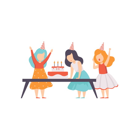 Girl blowing candles with her friends, kids celebrating birthday vector Illustration isolated on a white background.のイラスト素材