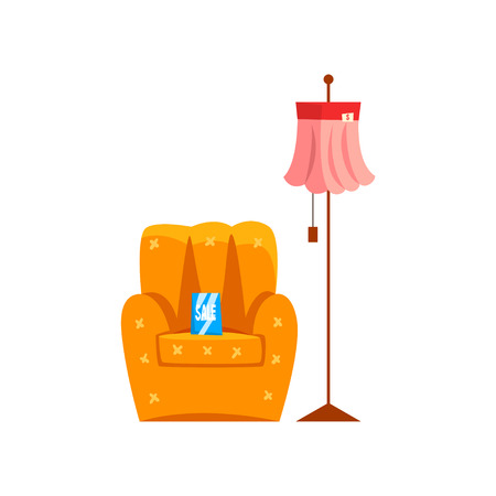 Retro armchair and floor lamp, old unnecessary thing, garage sale vector Illustration isolated on a white background.のイラスト素材