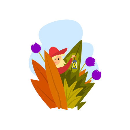 Boy walking with a lantern through a thick grass cartoon vector Illustration isolated on a white background.のイラスト素材