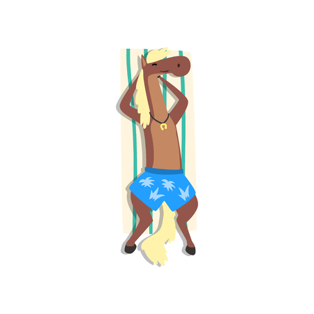 Horse sunbathing on the beach, cute animal cartoon character relaxing on the seashore at summer vacation vector Illustration isolated on a white background.のイラスト素材