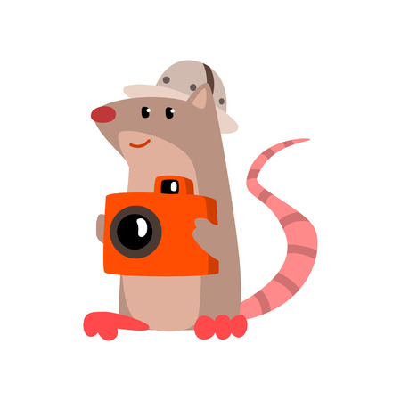 Cute rat taking pictures with a camera, funny animal cartoon character traveling on vacation vector Illustration isolated on a white background.のイラスト素材